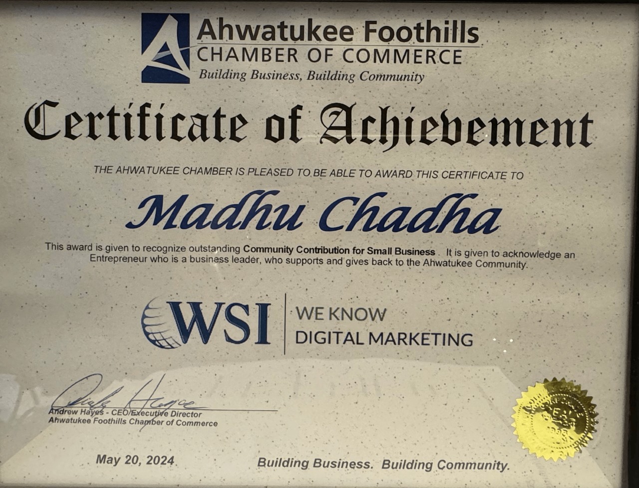 Certificate of Achievement Awarded by Ahwatukee Foothills Chamber of Commerce